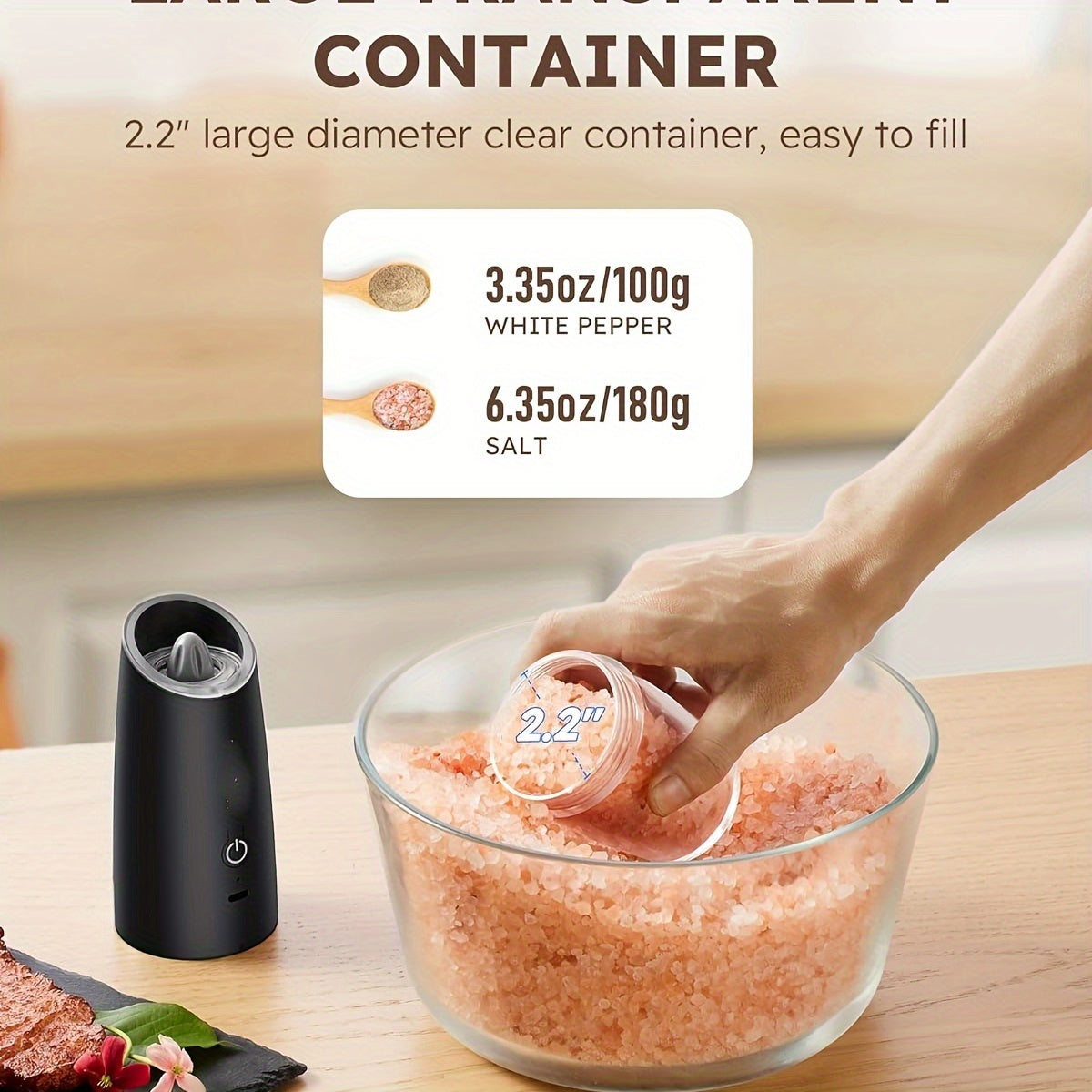 Set of 2 Electric Salt and Pepper Grinders, Rechargeable USB-C, ABS Material