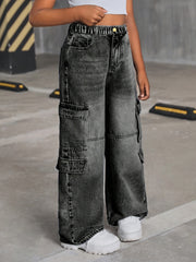Teen Cargo Denim Pants Long Length Ash Gray Loose Fit Elastic Waist Casual Streetwear for Ages 8-15