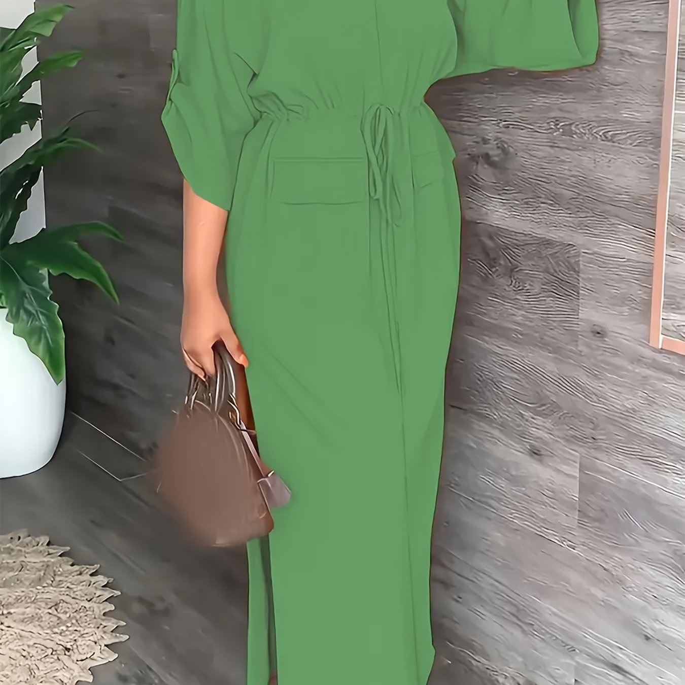 Women's Elegant Plain Color Split Dress with Pull-String Detail