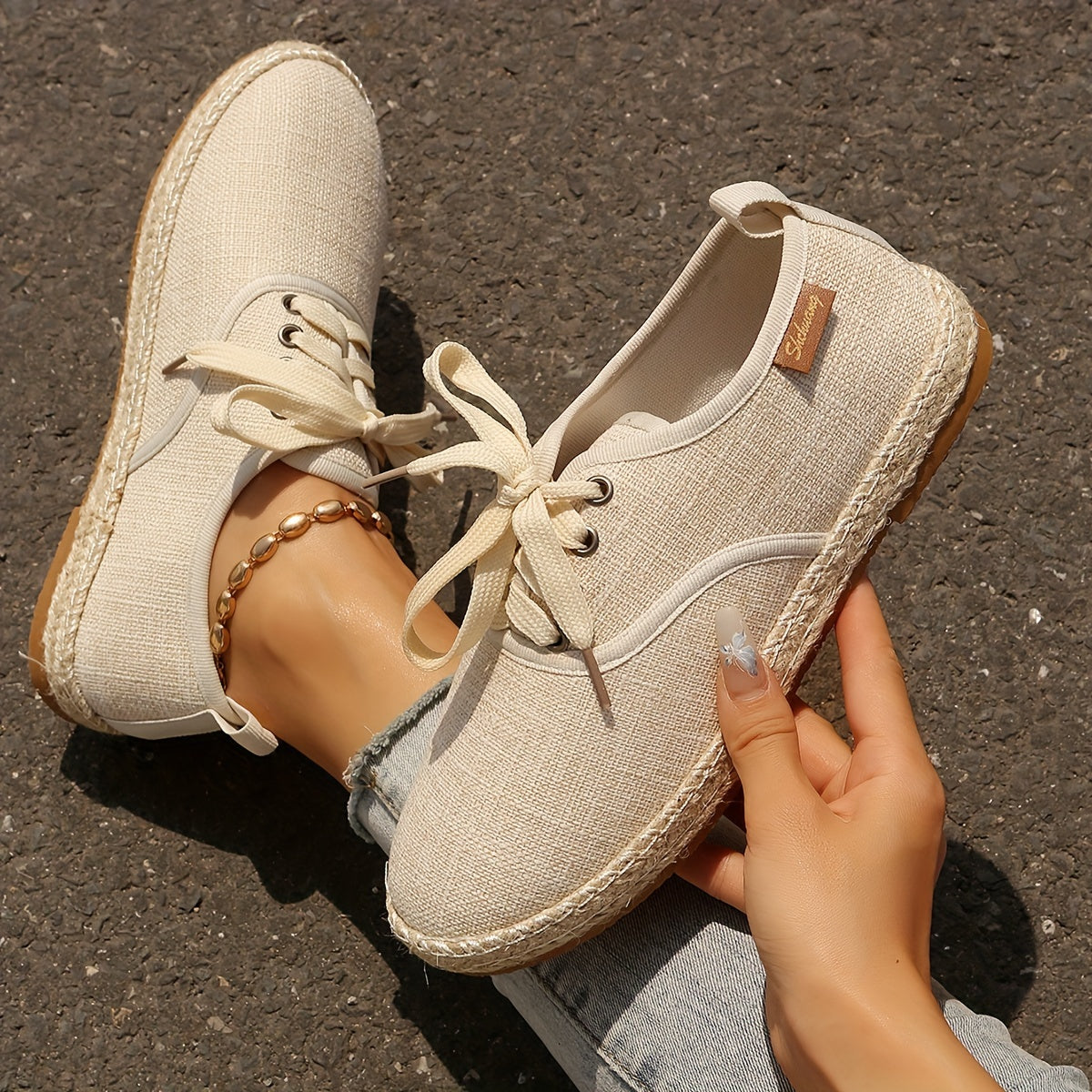 Women's Casual Solid Color Lace-Up Flats with TPR Sole