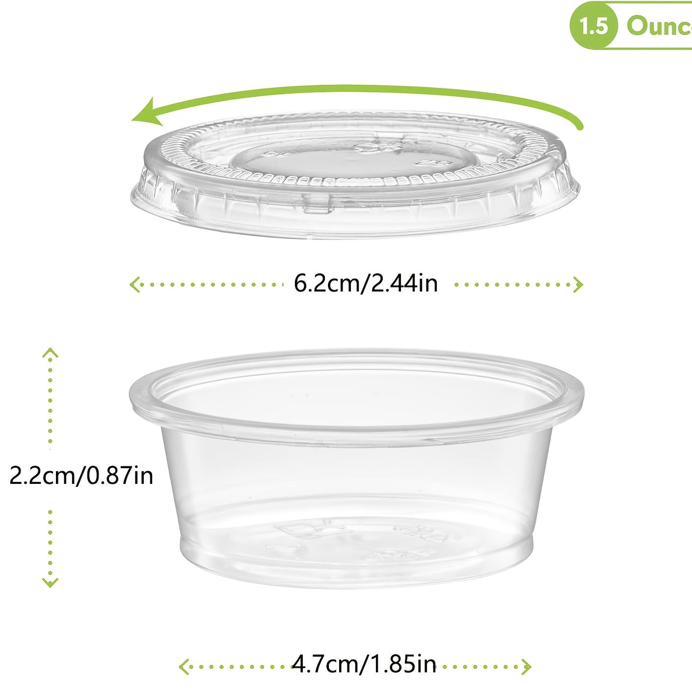 50 yoki 100 dona yopiq bir martalik porsiya stakanlari, 2oz, 3.25oz va 5.5oz o'lchamlarida. Ovqat tayyorlash, porsiya nazorati, salat soslari va kichik ziravorlar uchun ideal. Oshxona asboblari va aksessuarlar to'plamingiz uchun zarur bo'lgan narsadir.