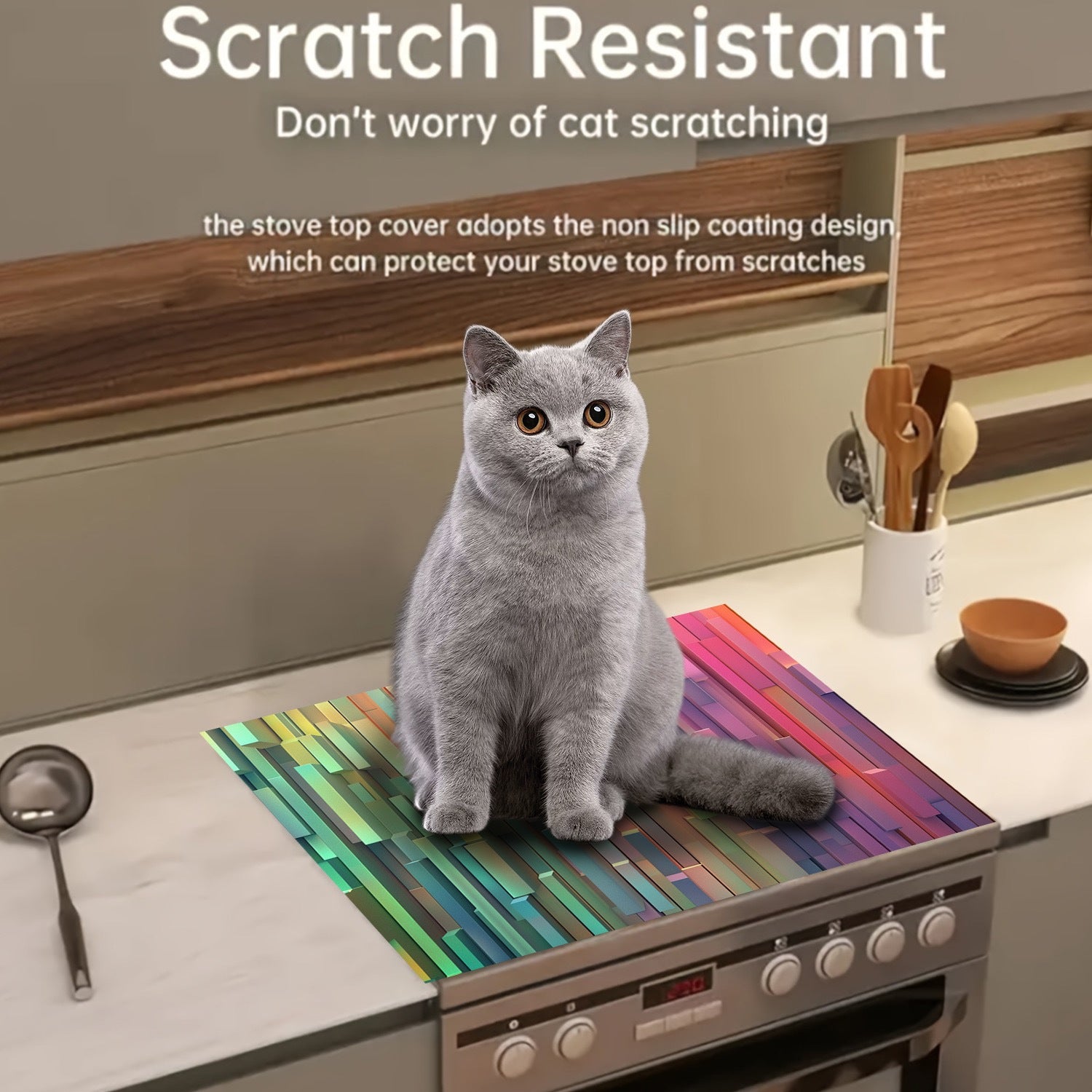 Qattiq, issiqka chidamli g'ovakli kauchuk pechka mato, kamalak naqsh bilan. Chizishlarga, yog' va dog'larga qarshi. Qayta ishlatiladigan, idish-tovoq mashinasida tozalash mumkin va yorqin oshxona dekoratsiyasi.