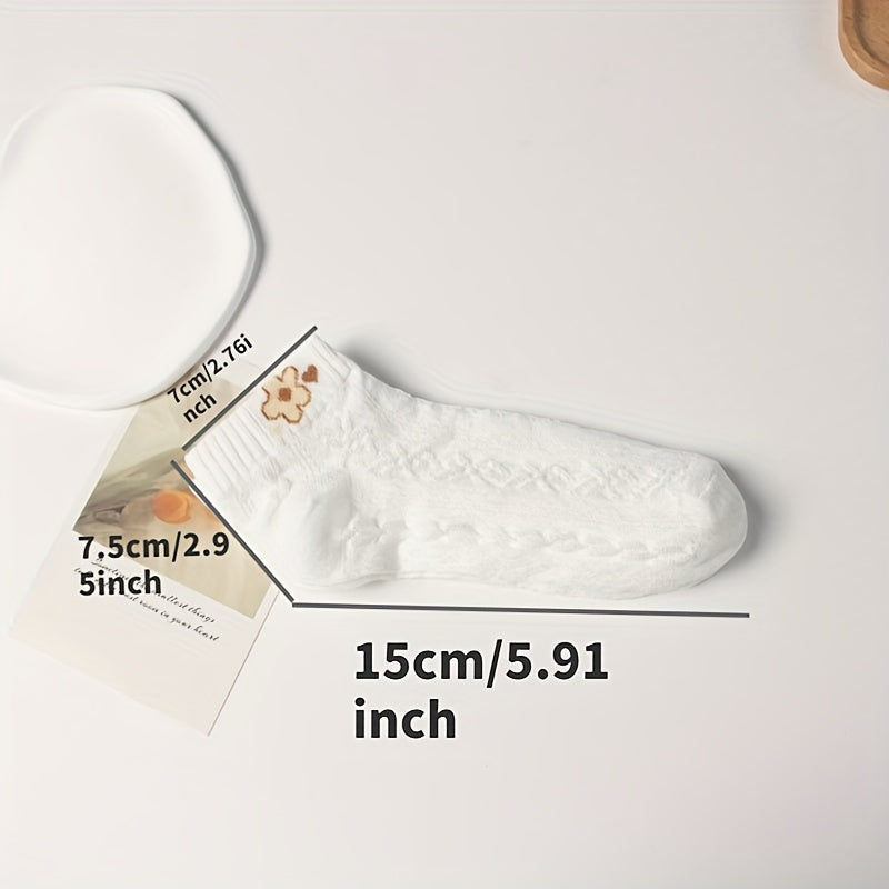Women’s White Embroidered Low Cut Cotton Socks 5 Pairs Breathable Simple
