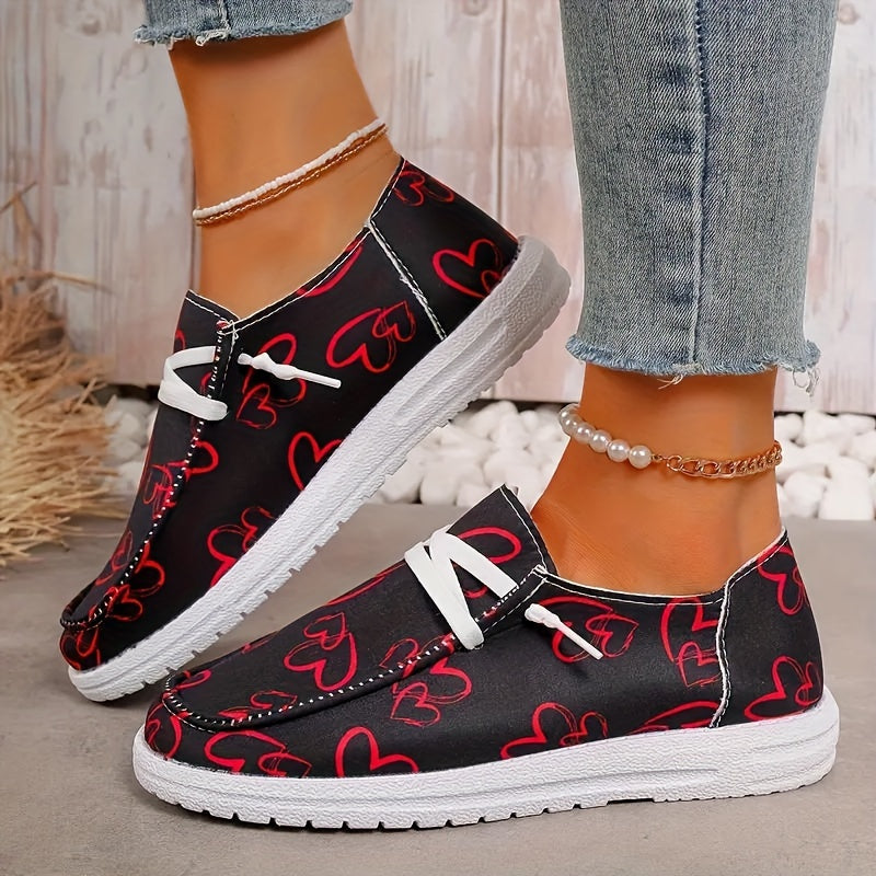 Women's Fabric Casual Sneakers Black and White Heart Pattern
