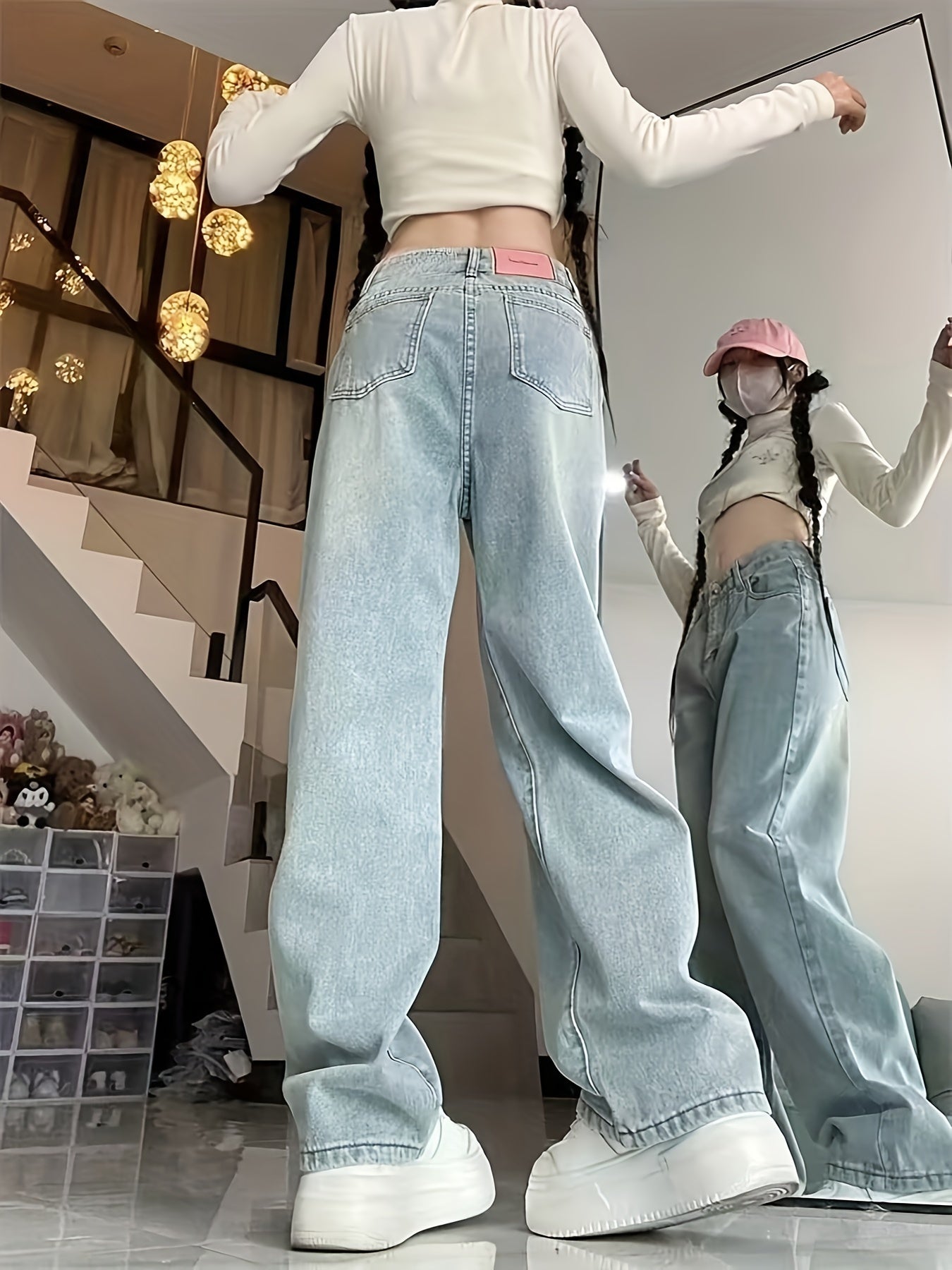 Women's Plus Size Denim Jeans High-Waisted Wide-Leg Solid Color Pants