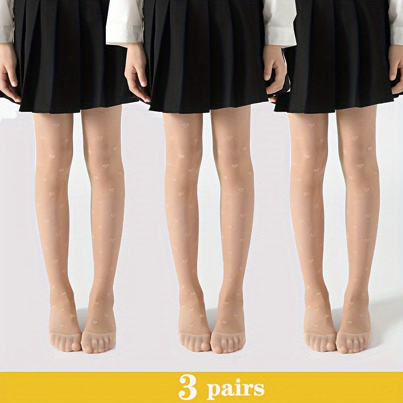 Girls Heart Pattern Mesh Tights Set 3 Breathable Nylon Spandex All-Season