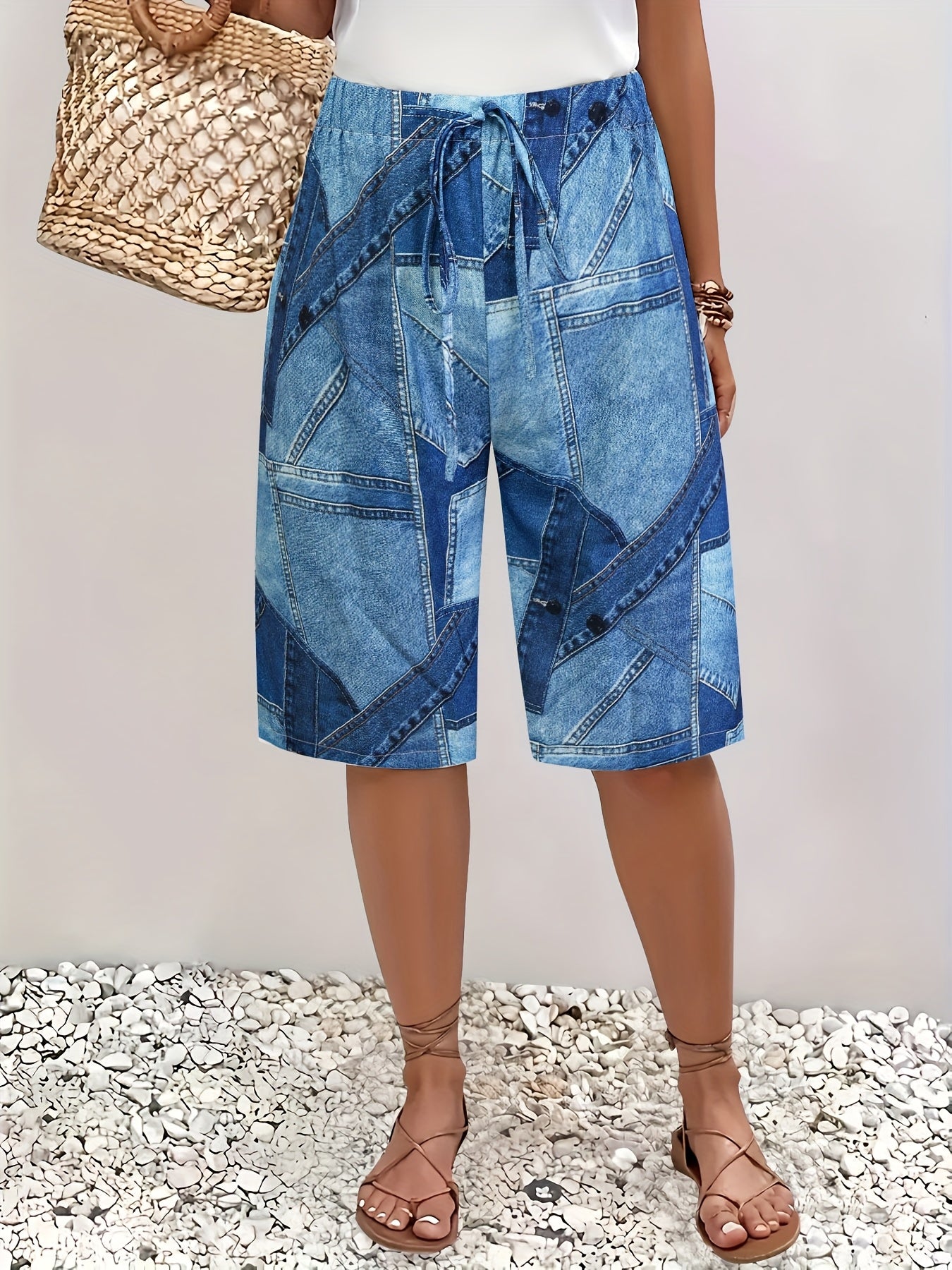 Шорты женские джинсовые с принтом, повседневные, с эластичным поясом, летние пляжные