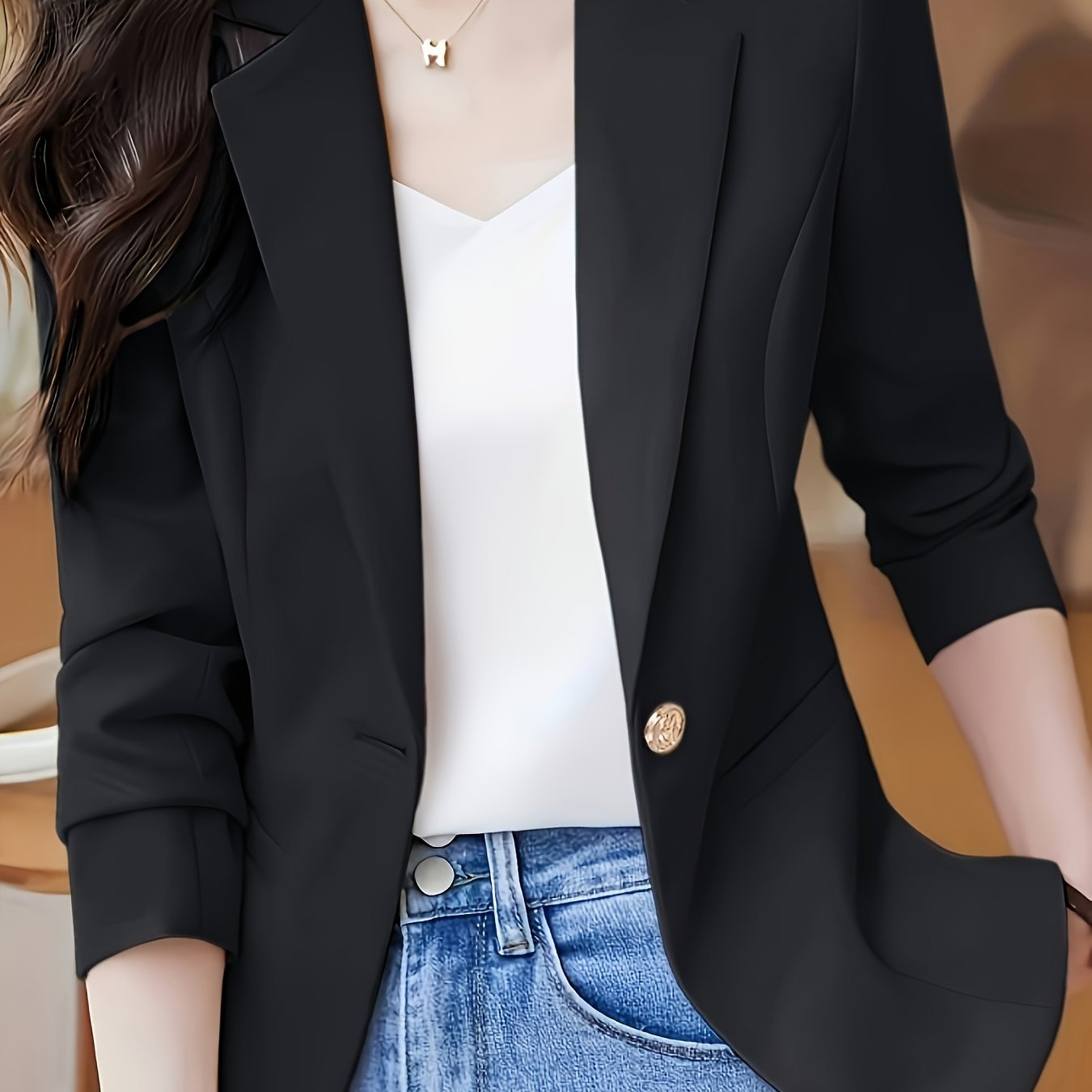 Women's Beige Slim Fit Blazer with Single Button Closure Long Sleeves Notch Collar for Spring Fall Casual