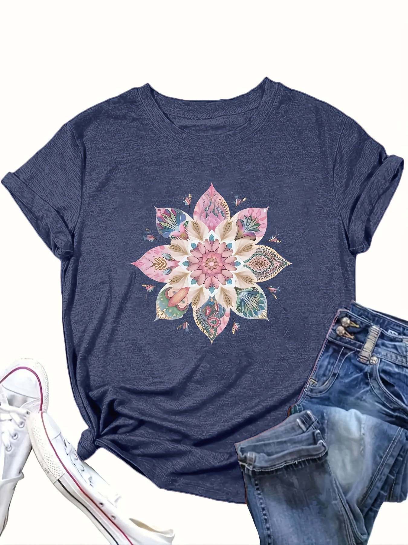 Plus-Size Women’s Floral Print Cotton T-Shirt Casual Vintage Loose Fit