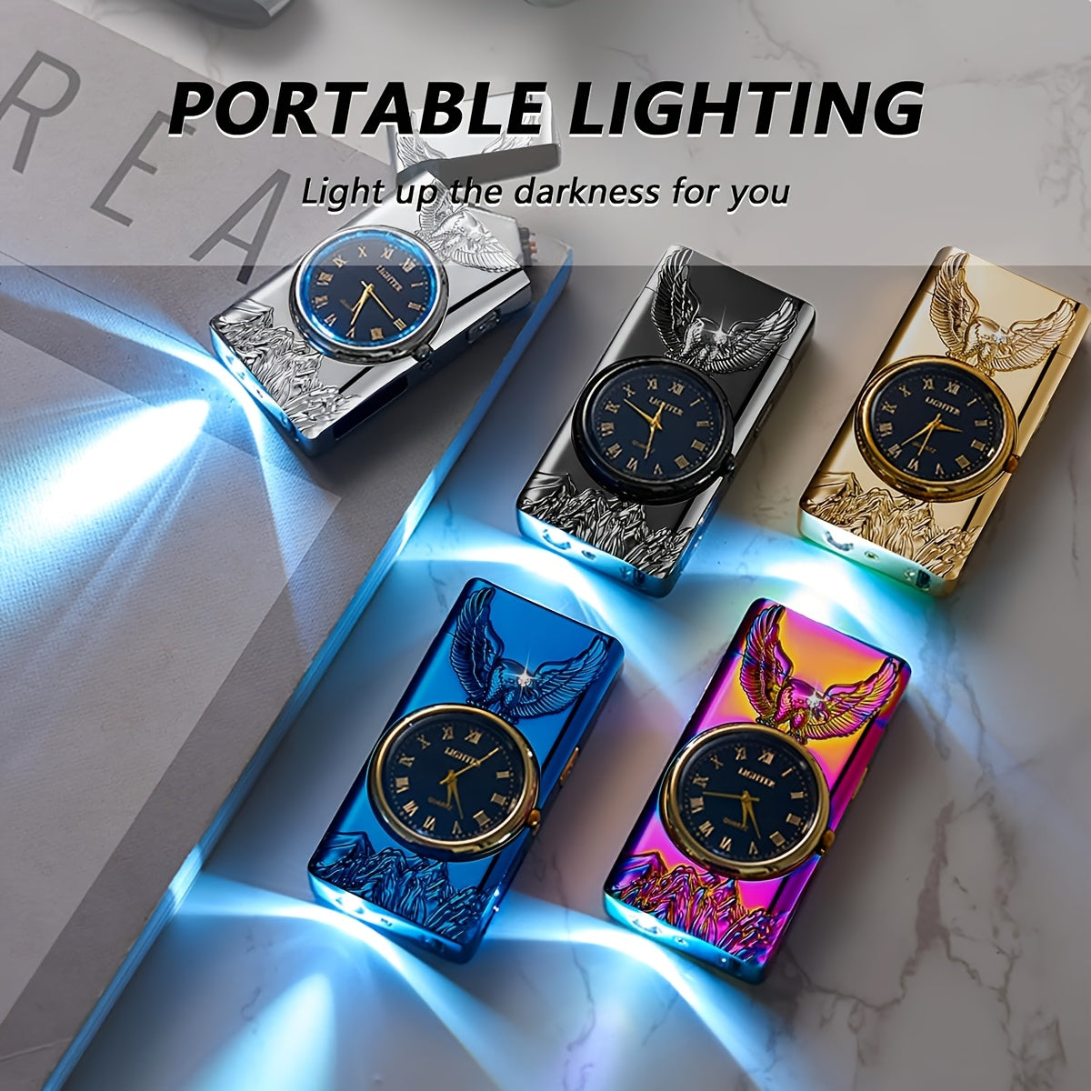 erkaklar uchun metall ikkilamchi arc plasma olovlagich, ko‘k va pushti aksentlar bilan, sayohat uchun