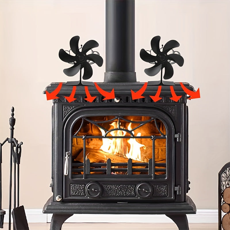 EcoPulse Issiqlik Quvvatlangan Yog'och Pechka Ventilyatori - 6-qo'zg'atuvchi alyuminiy fan bilan 1 dona to'plam, Jim yuqori tezlikda ishlash, Elektr energiyasi talab qilinmaydi, Turli komponentlar bilan to'liq, Ortqonishdan himoya qilish xususiyatlari.