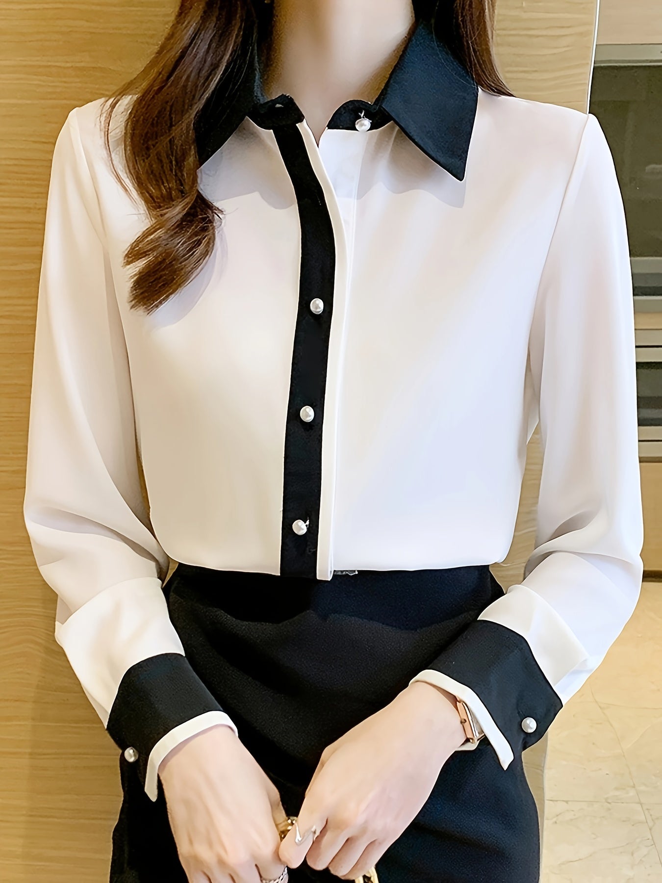 Women's Long Sleeve Button-Up Shirt with Contrast Trim Casual Spring Fall Solid Color