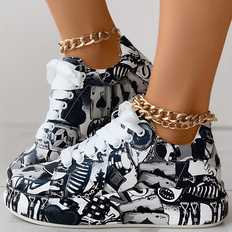 Women's Graffiti Print Sports Shoes, Lace-Up Low Top Platform Sneakers