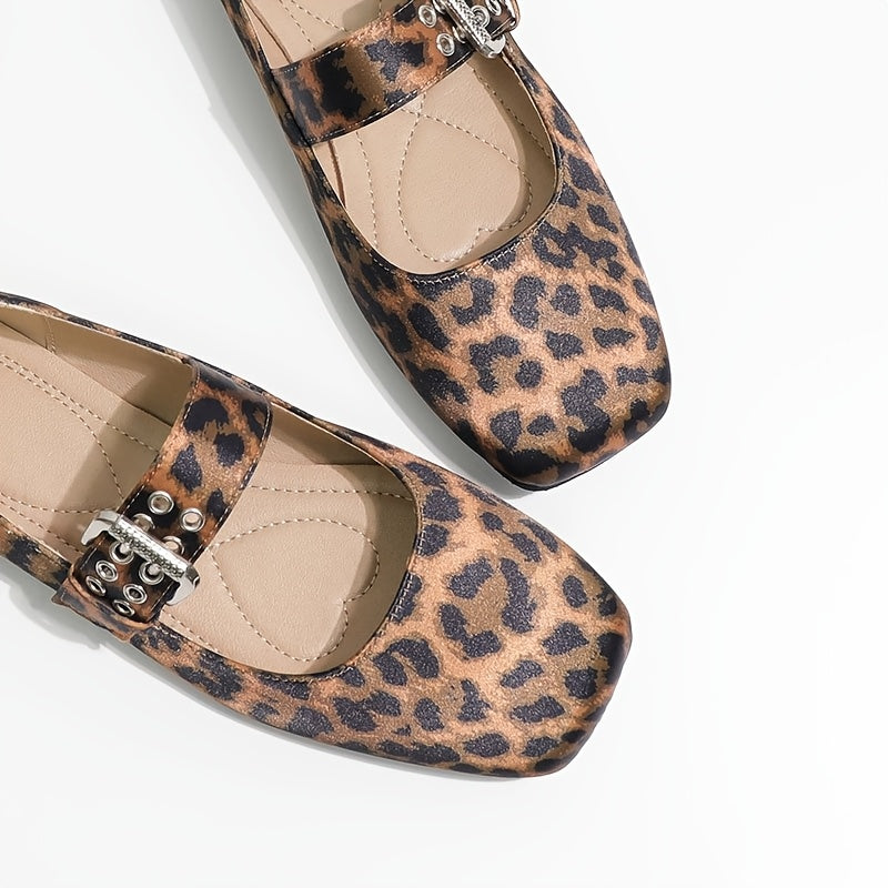 Women's Leopard Print Mary Jane Flats Square Toe Buckle Comfort Shoes