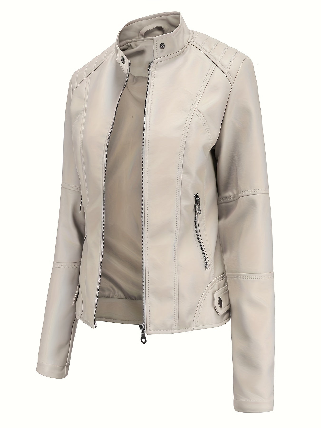 Women's Beige Biker Style Jacket for Spring Fall Zipper Stand Collar Pockets
