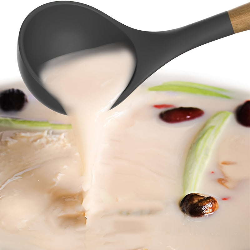 Juego de utensilios de cocina antiadherentes de 5 piezas con mangos de madera, apto para alimentos, para freír y servir sopa