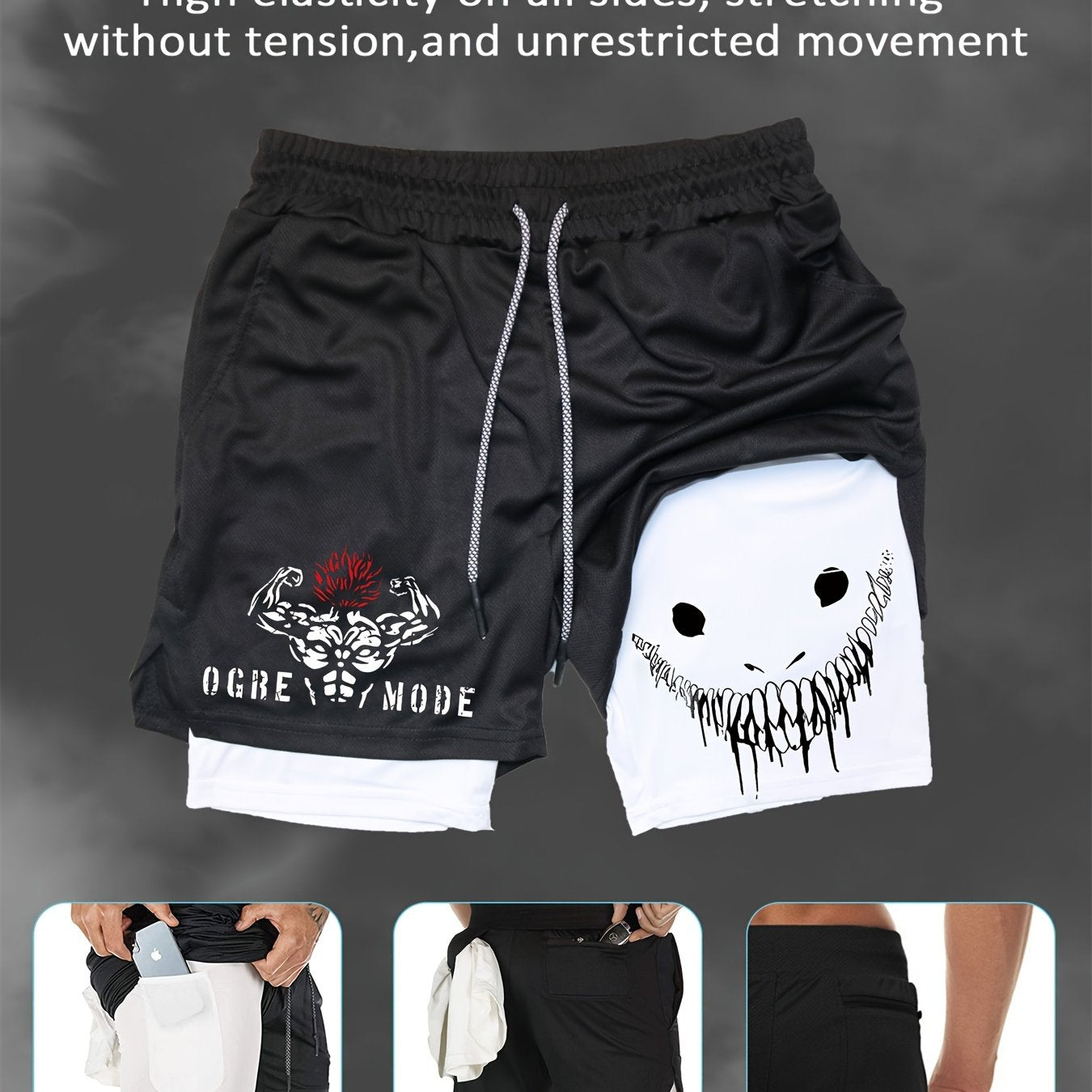 Men's Summer Print Dual-Layer Shorts Breathable Quick-Dry Pockets Casual Sports