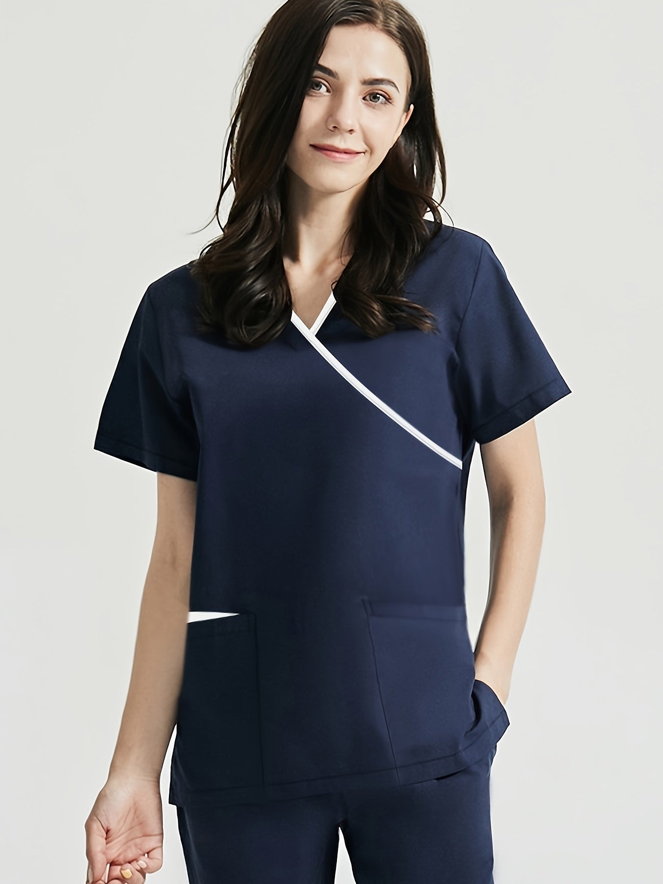 Women's Medical Scrub Set V Neck Short Sleeve Contrast Trim Solid Viscose Polyester