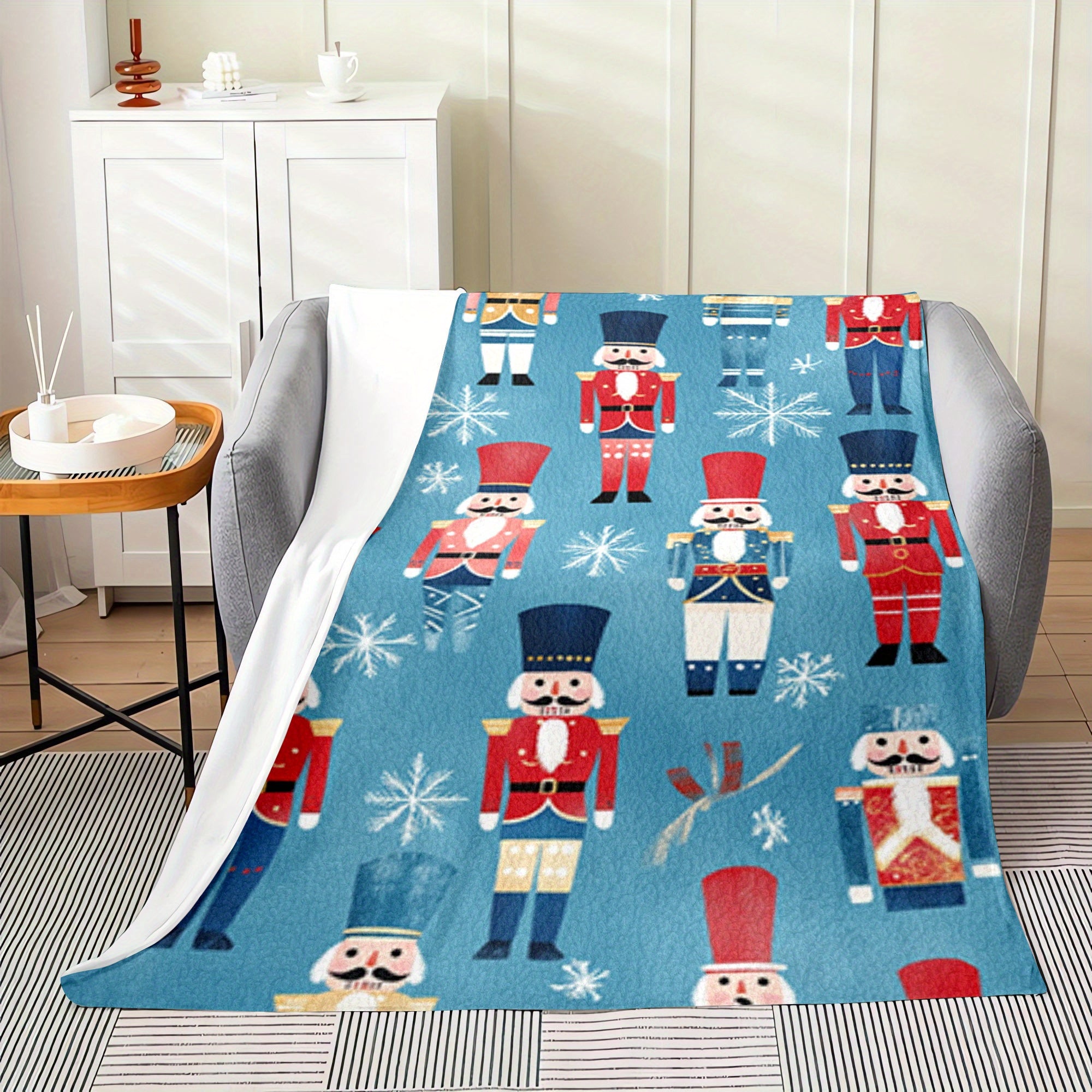 Cozy Flannel Throw Blanket with Cartoon Nutcracker Pattern for All Seasons Quilted Polyester Warmth