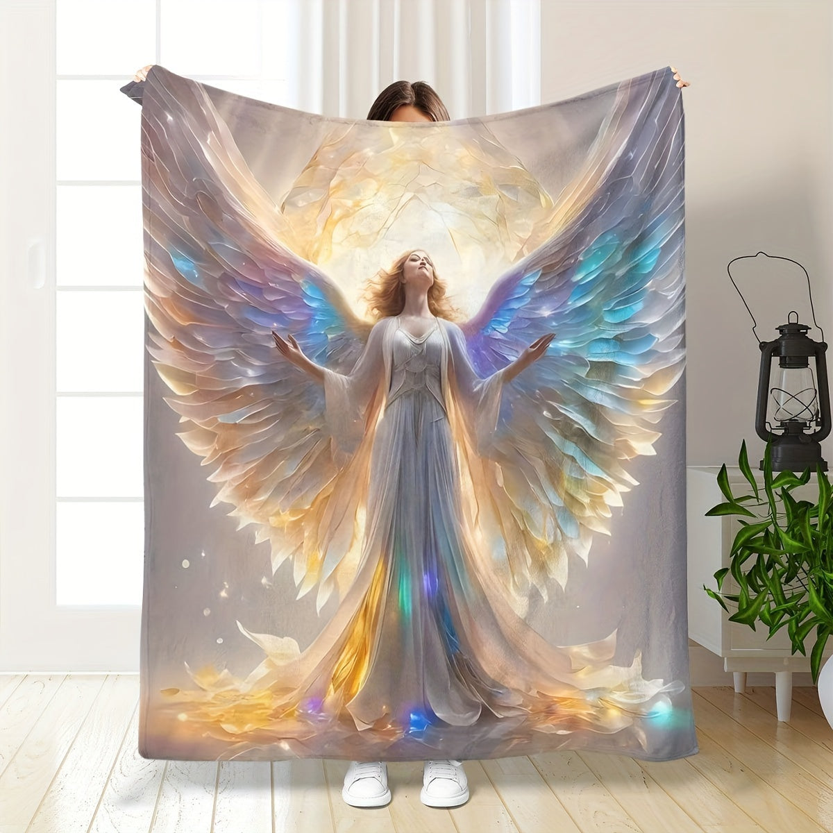 3D Printed Angel Flannel Blanket Soft Warm Polyester Vintage Knitted Throw for All Seasons