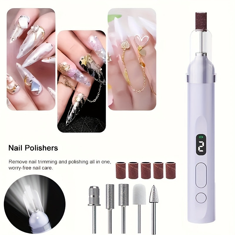 Electric Nail Drill Set with 6 Grinding Heads Portable Sander for Acrylic Gel Nails LCD Display USB Charging