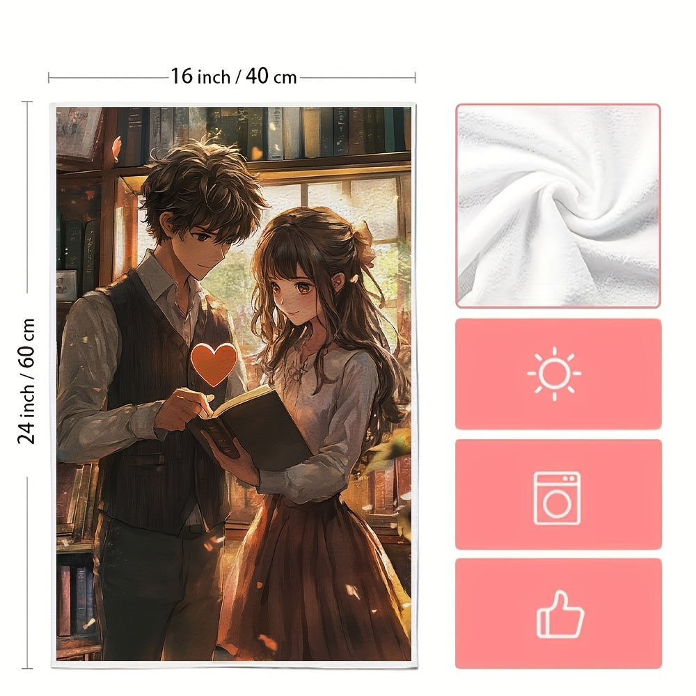 Two Pieces Ultra Soft Kitchen Towels Anime Boy and Girl Reading 16x24 Inches