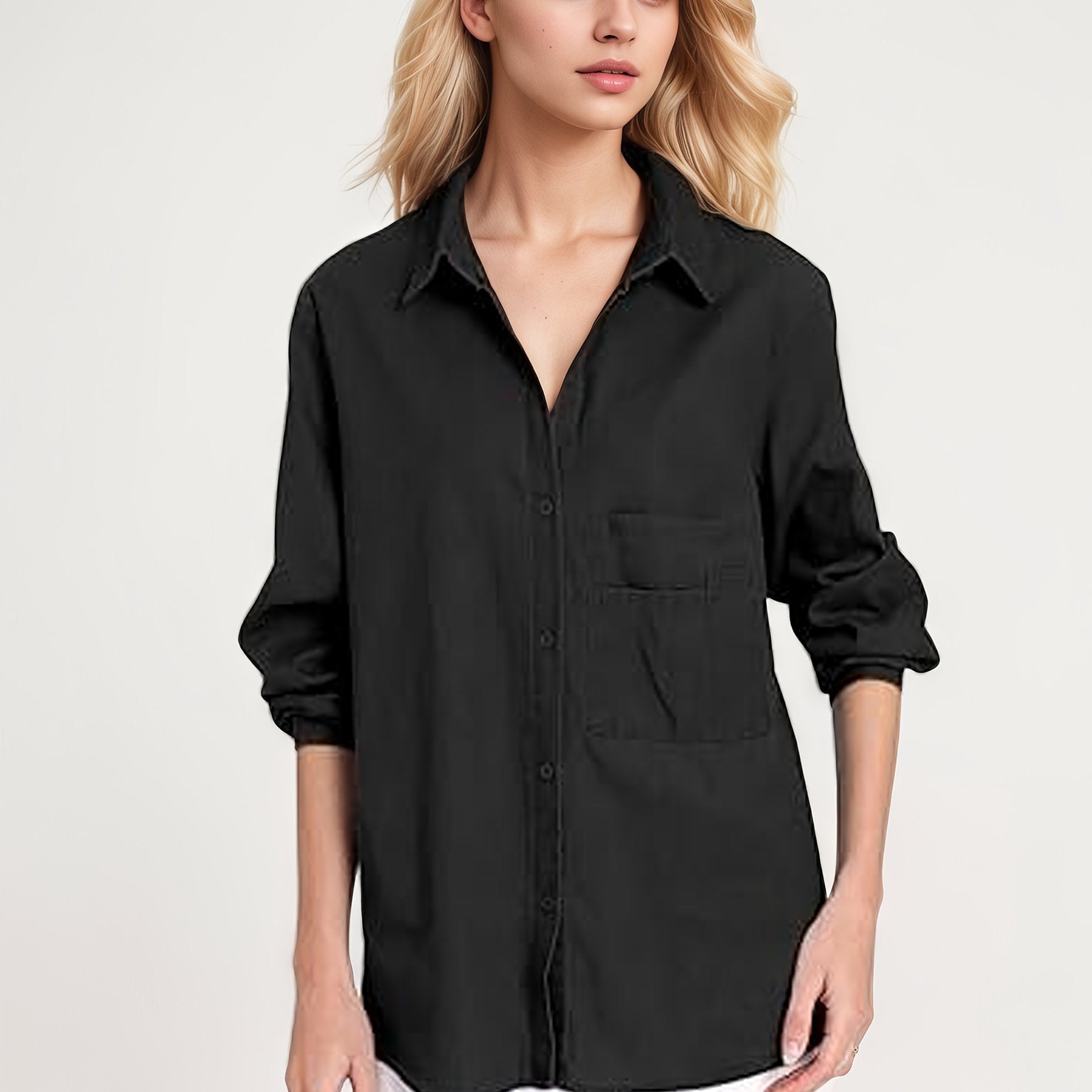 Women's Plus Size Viscose Long Sleeve Button-Up Shirt with Asymmetrical Hem