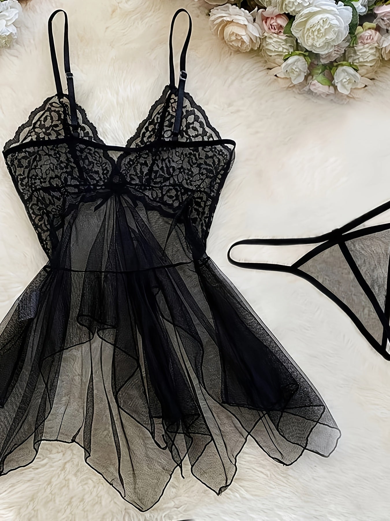 Women Sheer Mesh Lace Halter Dress and Thong Lingerie Set