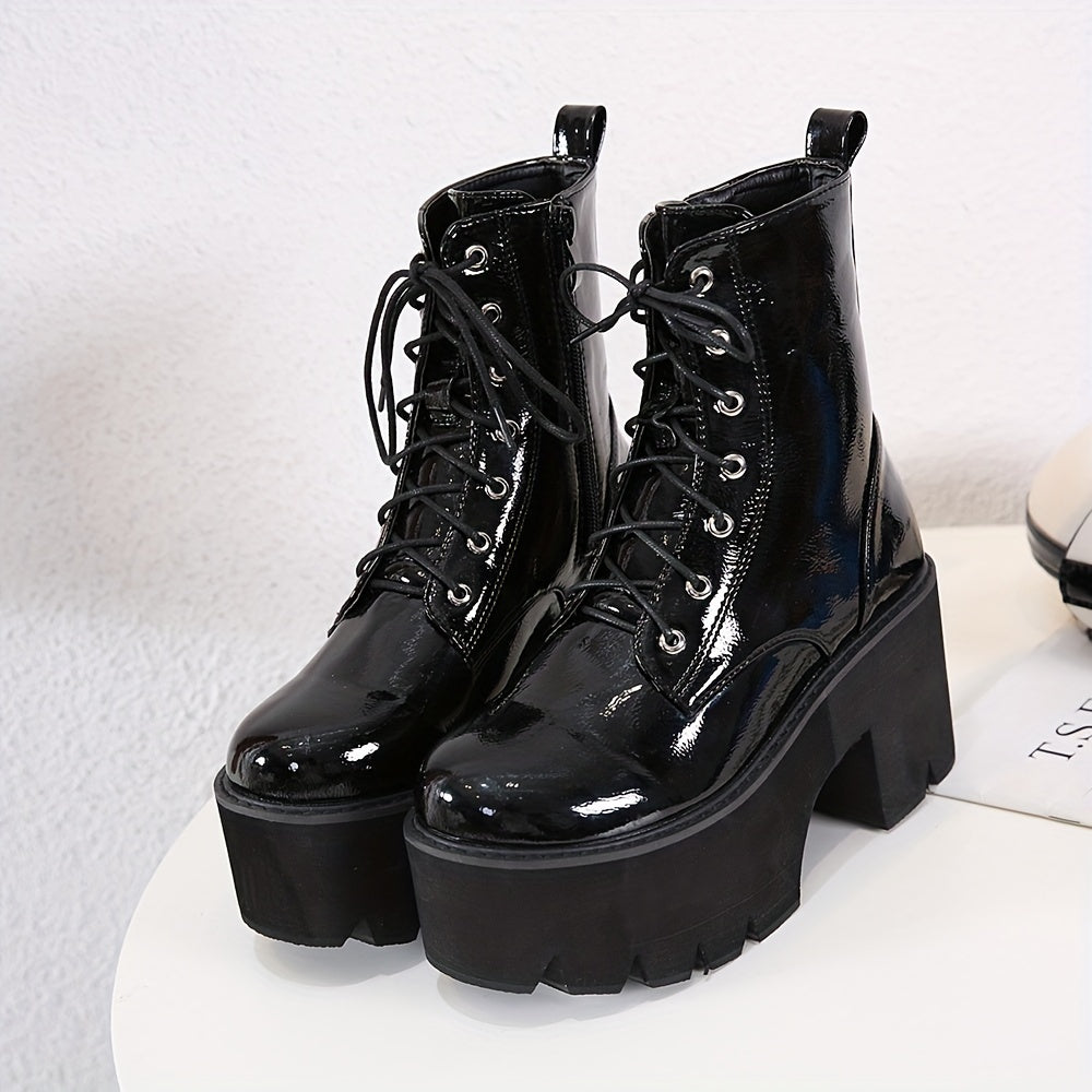 Women's Solid Color Platform Boots with Side Zipper and Round Toe