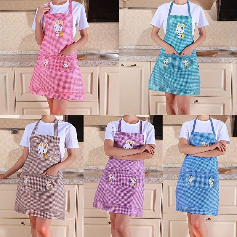 Polyester apron, turli ranglarda qiziqarli quyon multfilm dizayni bilan, pishirish va oshxona ishlari uchun ideal. Quvvatlash uchun sozlanadigan kamarlar.
