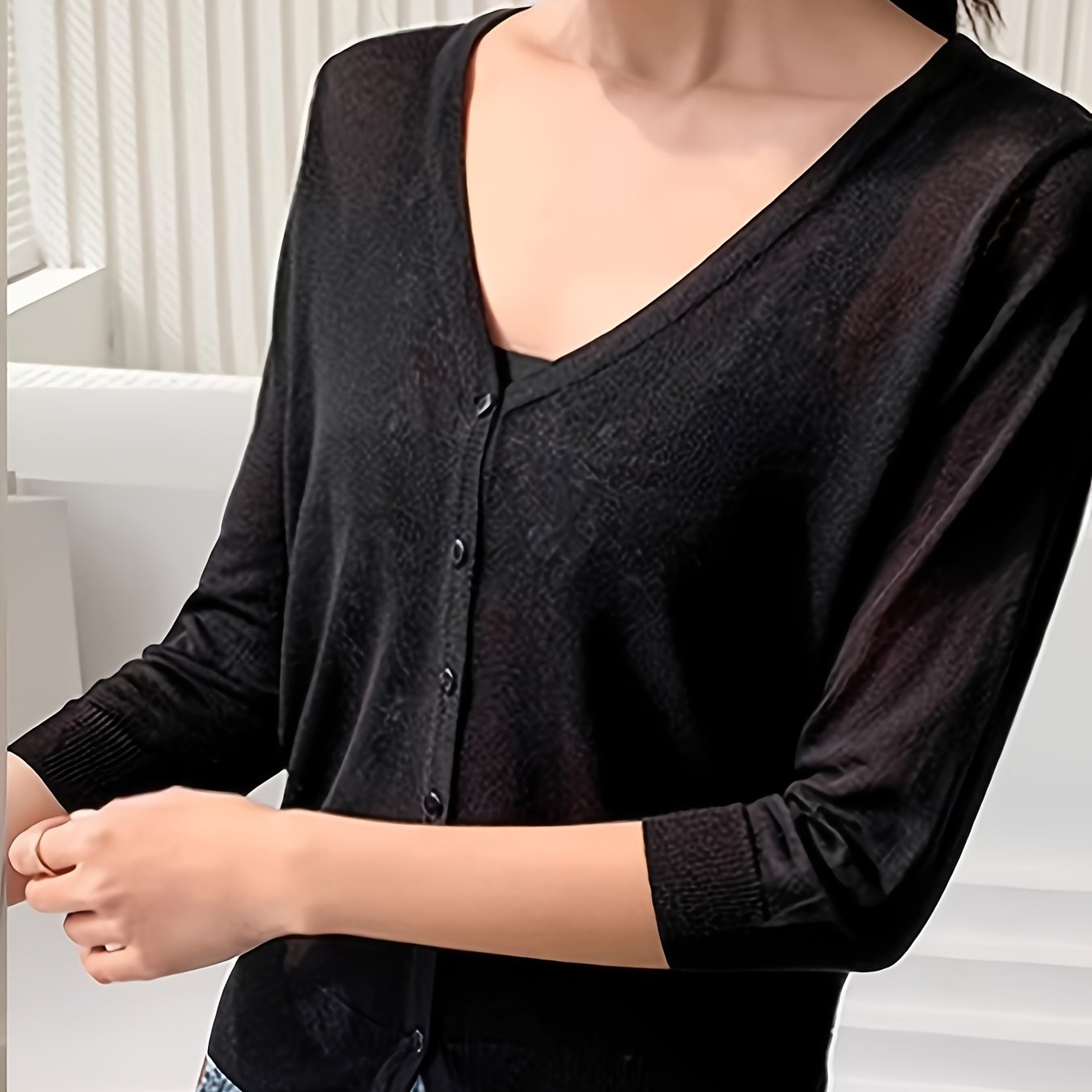 Plus Size Women's Lightweight V-Neck Cardigan with 3/4 Sleeves in Pastel Pink