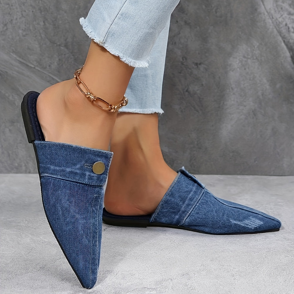 Women's Denim Flat Mules with Pointed Toe Slip-On Casual Outdoor Shoes