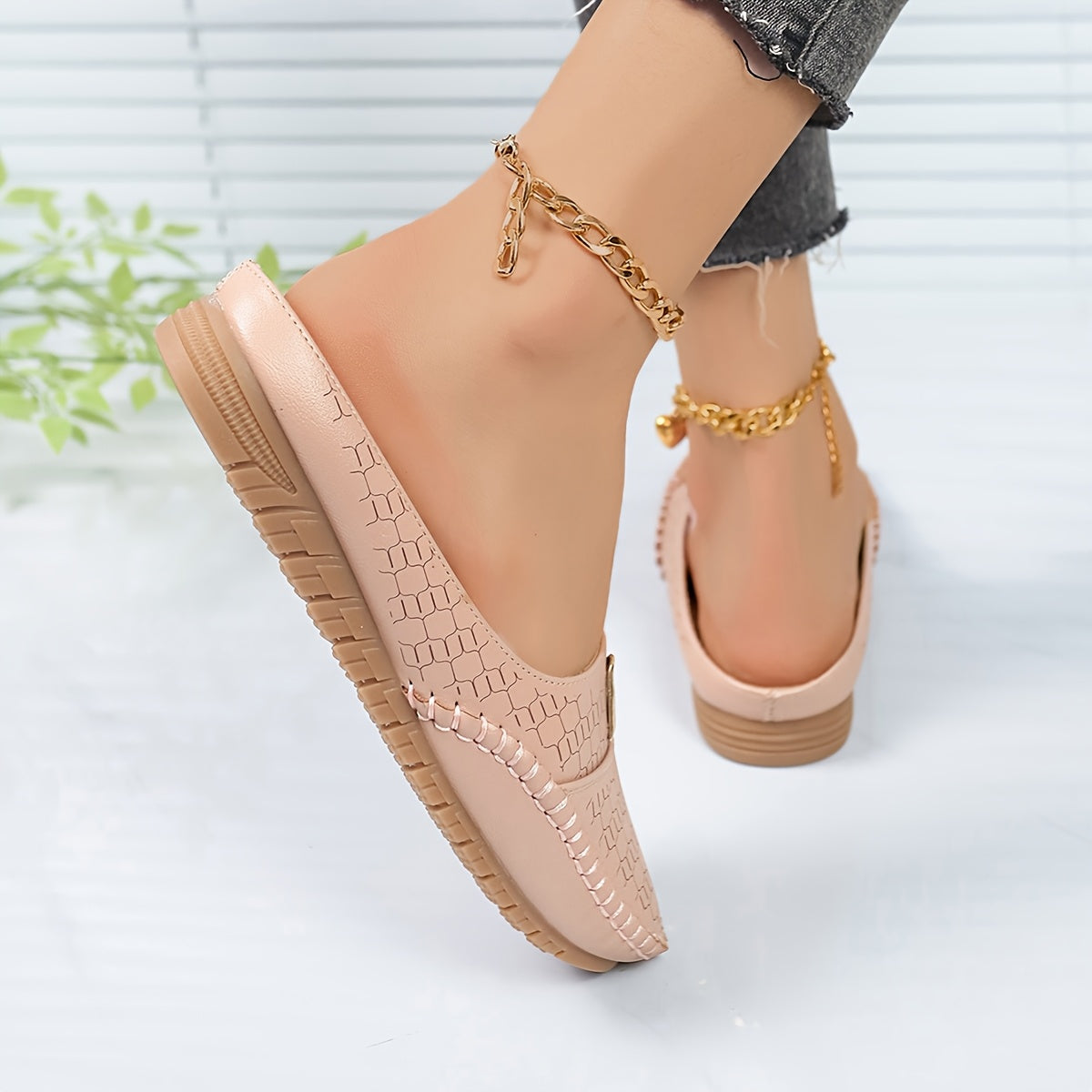 Women's Slip-On Mules Lightweight Flat Shoes with Metal Buckle