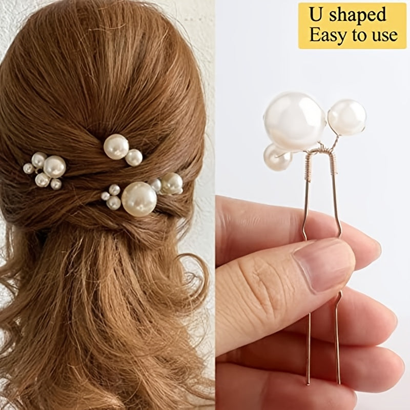 6 Pieces U-Shaped Hair Pins with Faux Pearl Embellishments for Weddings in Gold and Silver