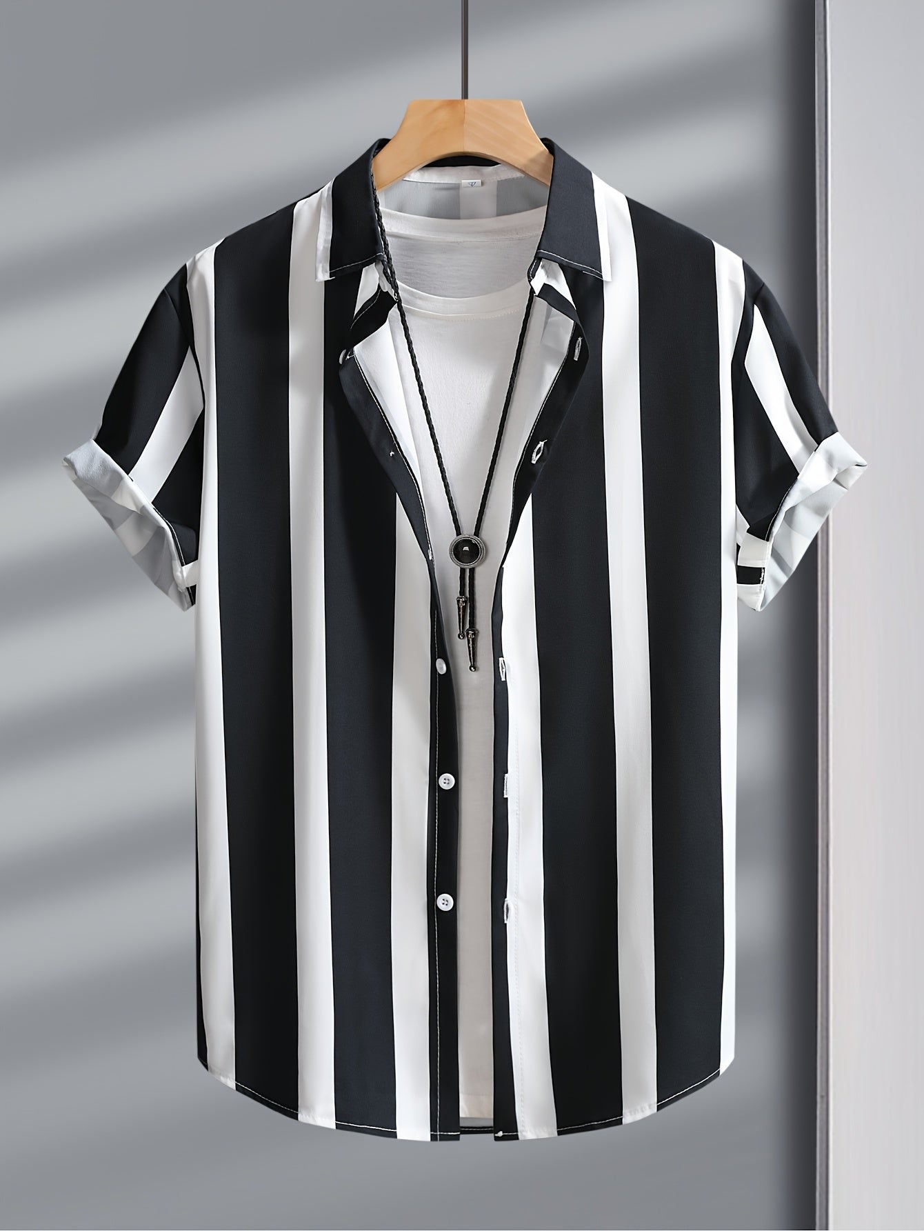 Men's Casual Outdoor Outfit Set Striped Lapel Shirt and Drawstring Pants