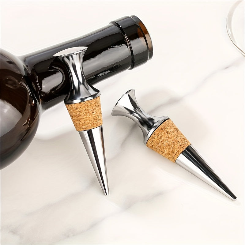 Tapones de vino plateados con tapones de madera, set de dos para conservación de botellas