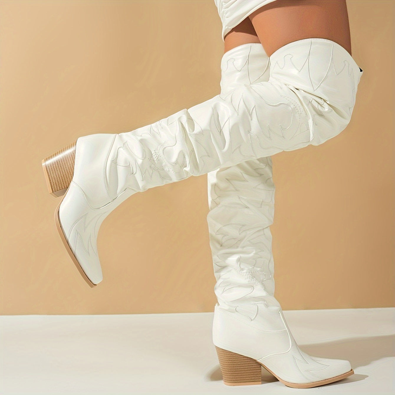 Women's Faux Leather Over-the-Knee Western Boots with Embroidery