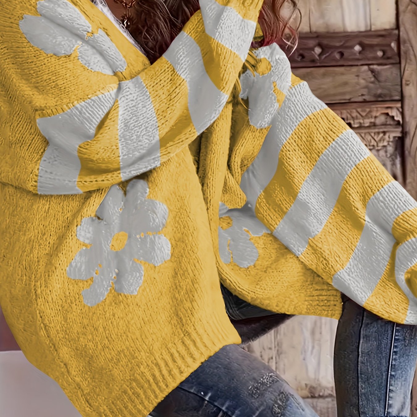 Women's Plus Size V-Neck Floral Print Knit Cardigan Long Sleeve Sweater