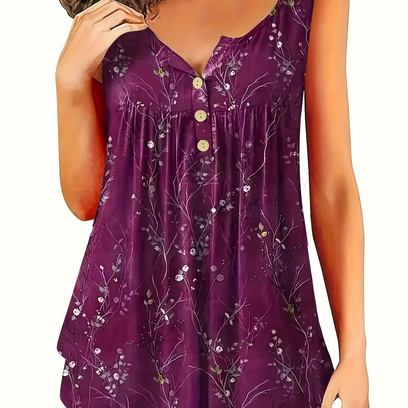 Plus Size Tank Top with Pleats and Button Front for Women