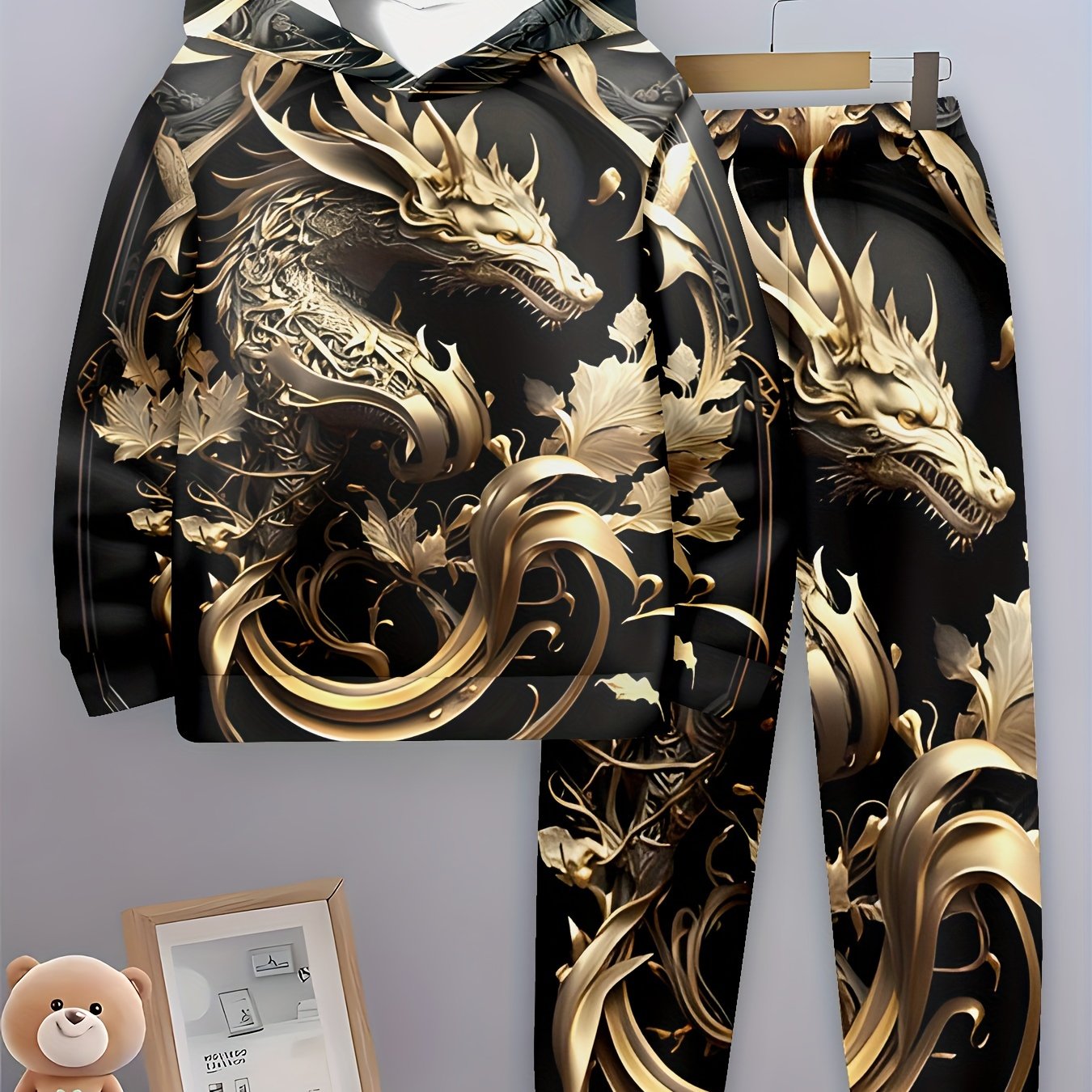 Yigitlar uchun 3D ajdarhond bosma kapşonli va joggerlar to'plami, oddiy bahor va kuz polyester kiyim