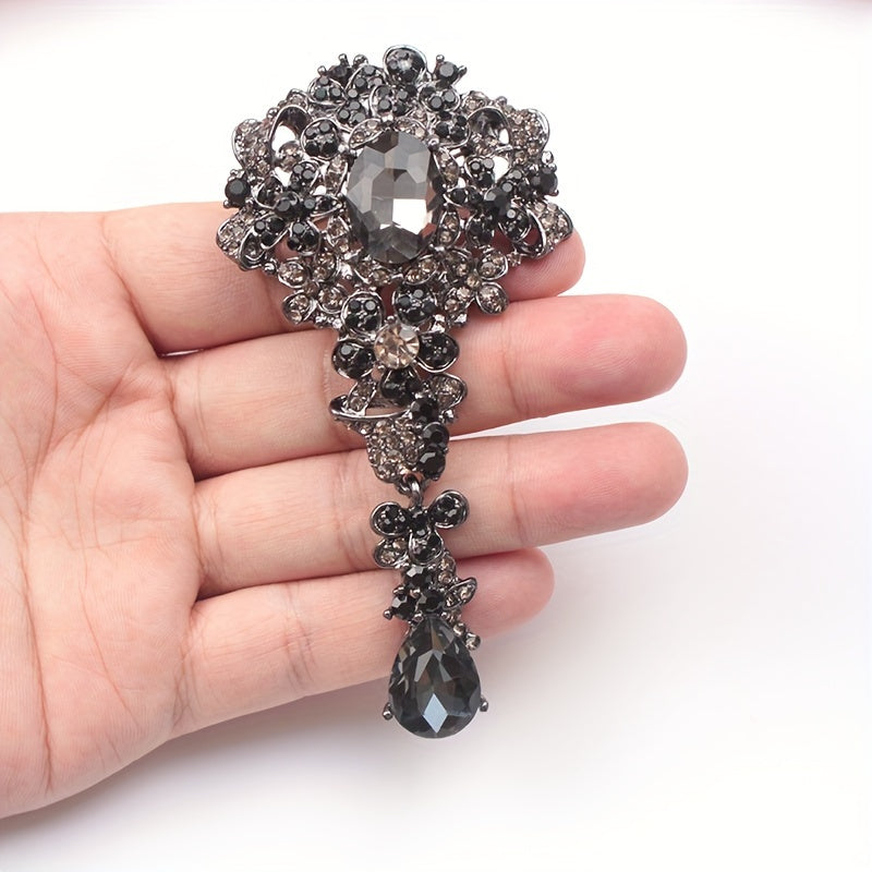 Vintage Rhodium-Plated Floral Water Drop Brooch Pin for Women