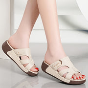 Women’s Beige PU Slide Sandals Open Toe Beach Casual Footwear