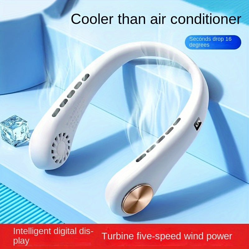 Portable Neck Fan with Digital Display, 5-Speed, Rechargeable, Wearable
