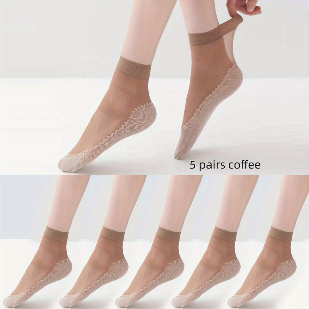 Women’s Knee-High Semi-Sheer Socks 5 Pairs Non-Slip Breathable Polyester