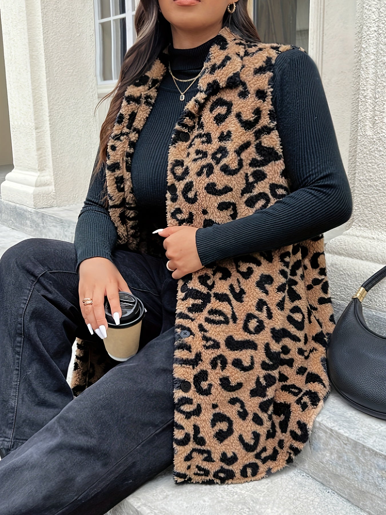Туника-тедди с принтом леопарда большого размера с пуговицами спереди для осени и зимы для женщин