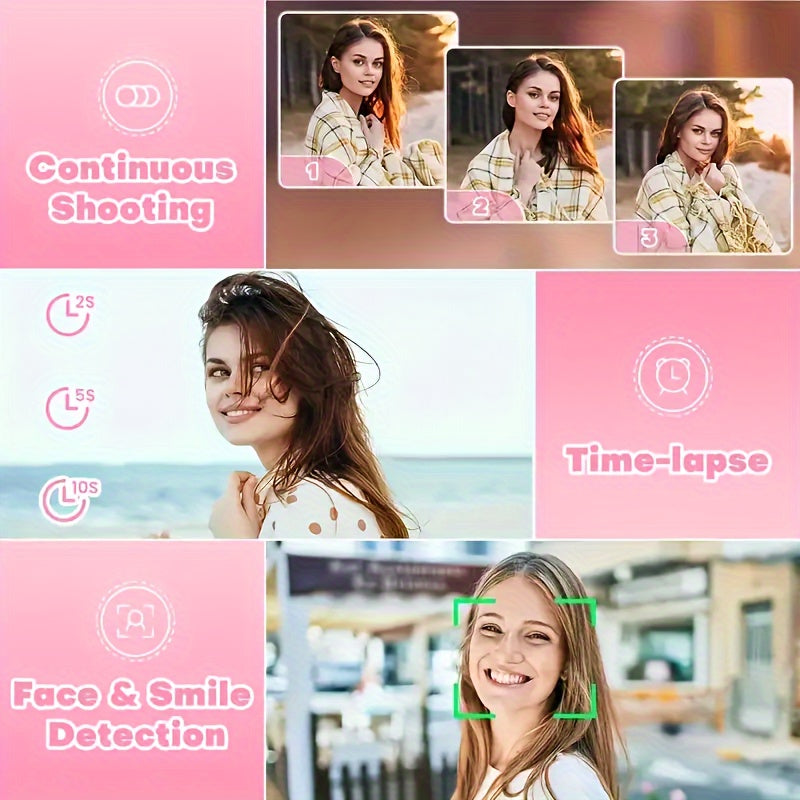 Cámara digital HD con zoom 16X para principiantes con pantalla de 2.4 pulgadas, grabadora recargable en blanco, rosa, púrpura y verde