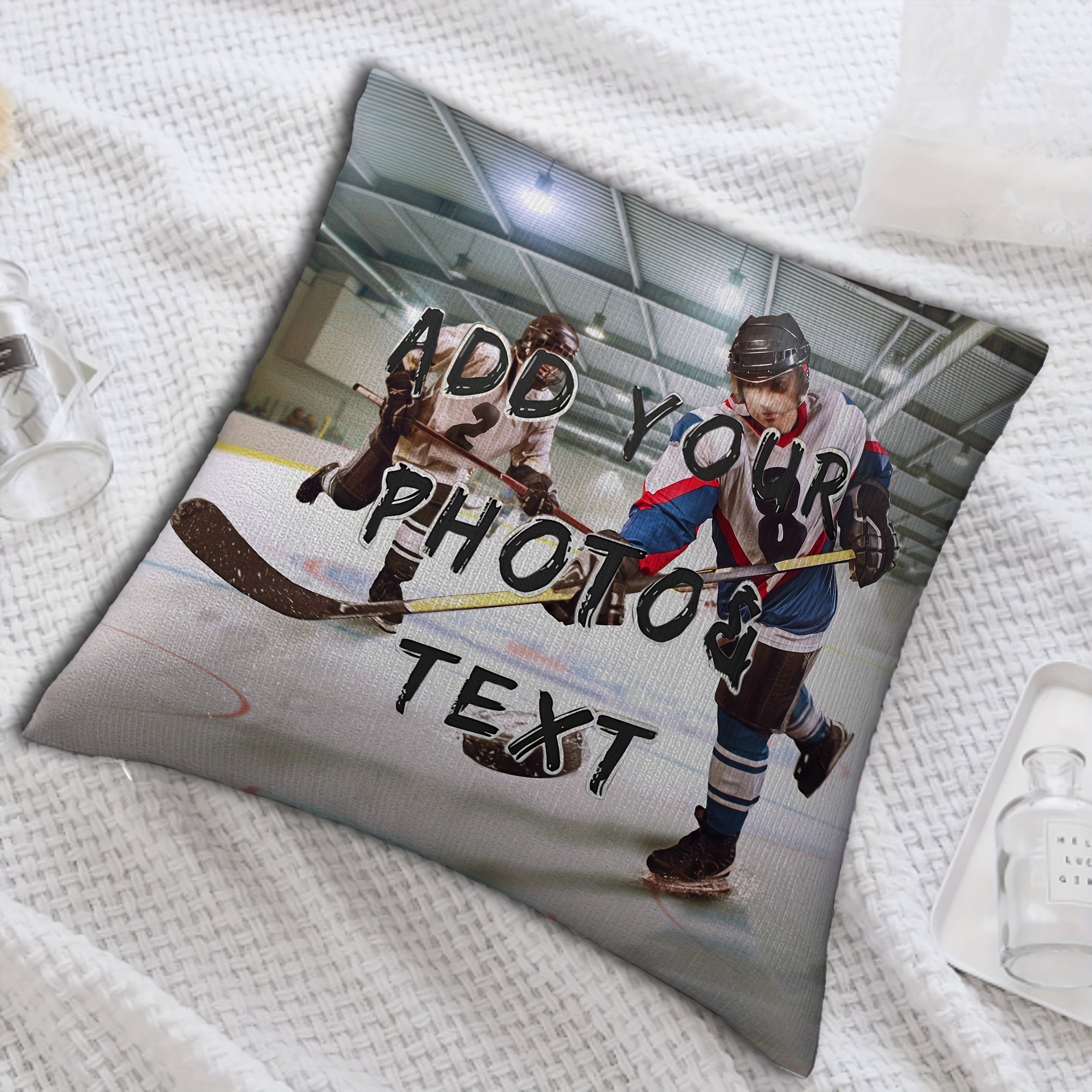Soft Plush Ice Hockey Photo Pillow Cover Custom Design 45.72x45.72 cm