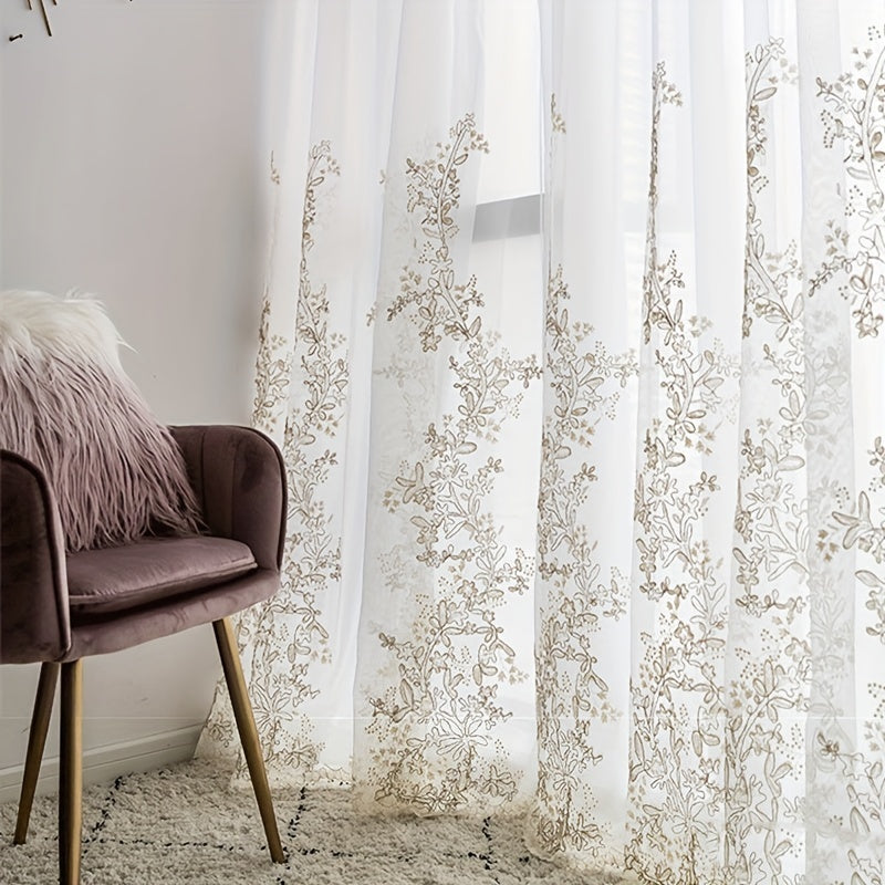 Golden Thread Embroidery Sheer Curtain for Living Room and Bedroom European Style Voile Window Treatment