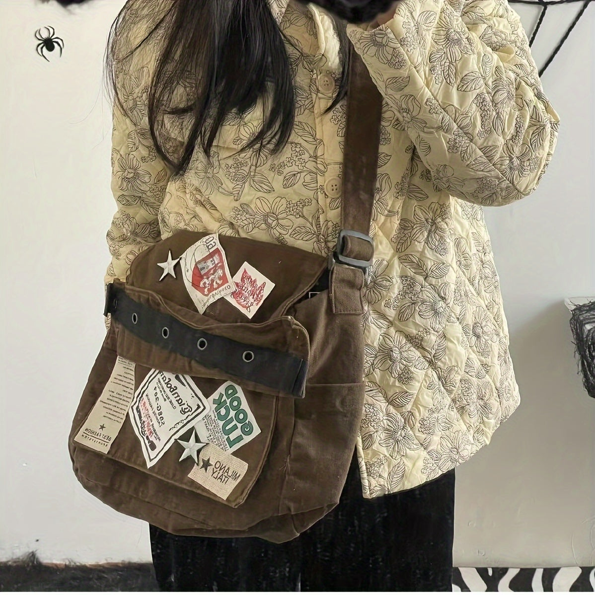 Women's Retro Y2K Canvas Crossbody Bag with Star Patches and Adjustable Strap
