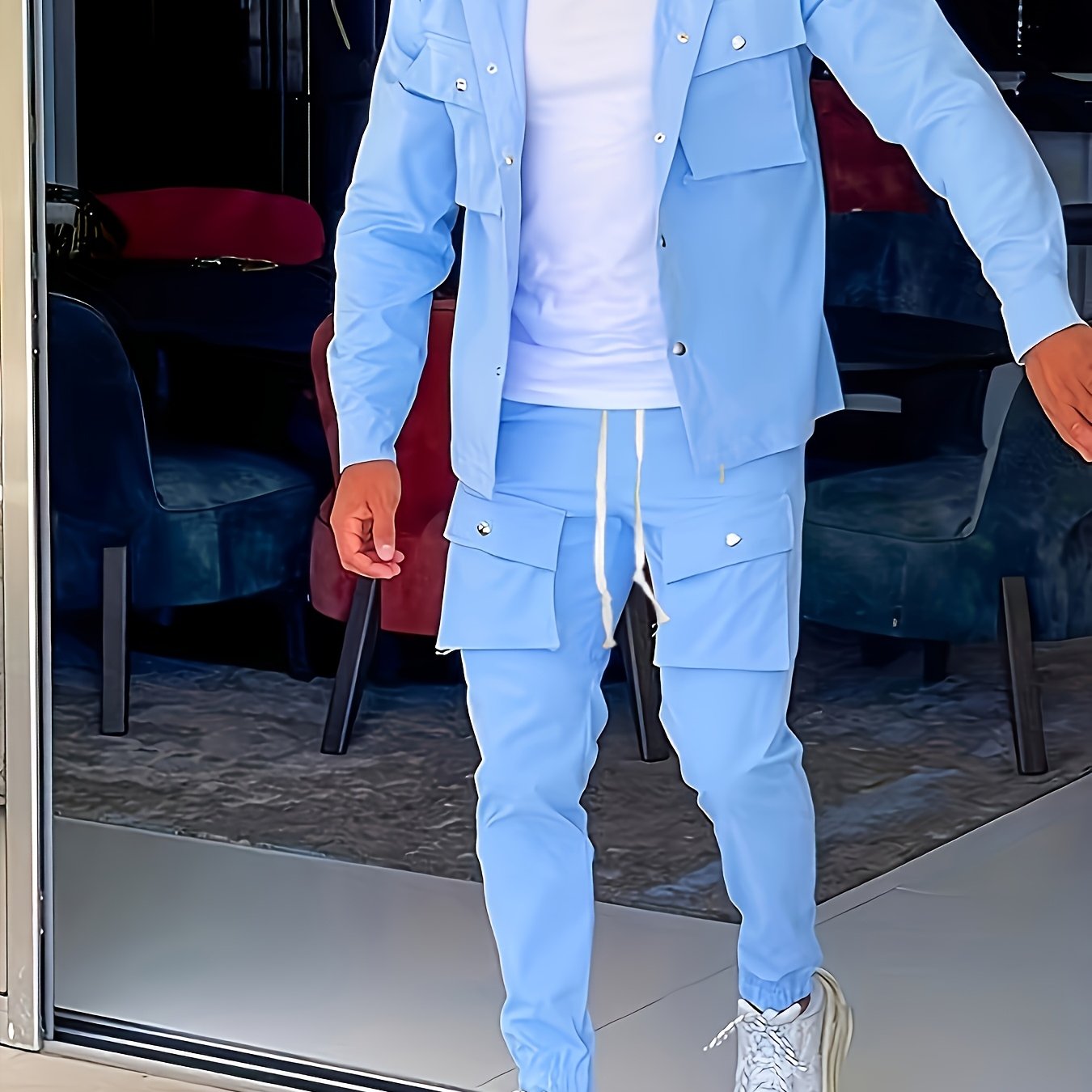 Men's Polyester Suit Set with Lapel Collar and Pocket Details for Casual, Hiking, and Outdoor Wear